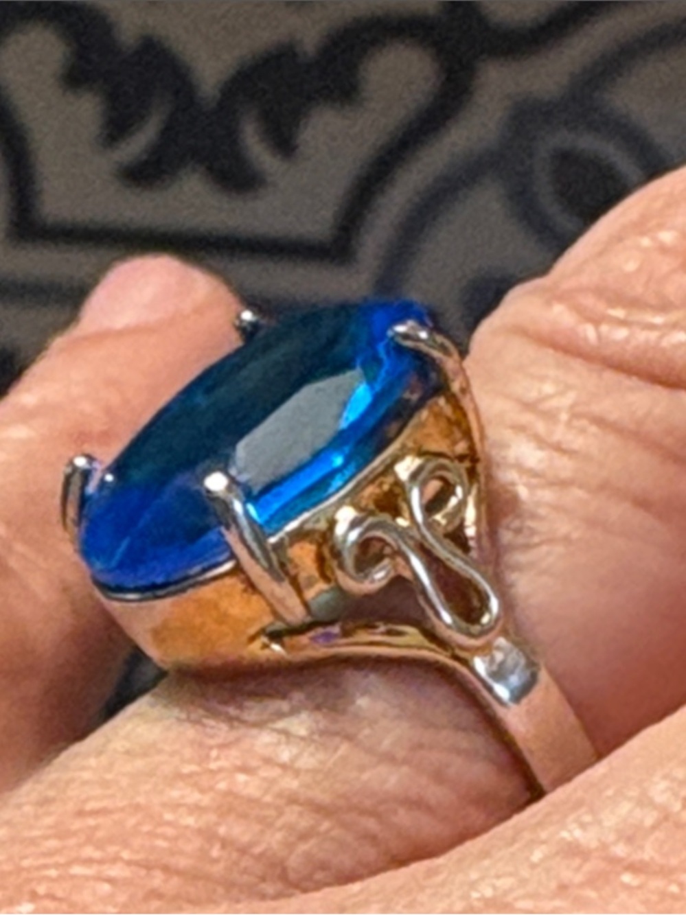 Blue Oval Stone Gold Ring Approx size 10 Women's Statement Jewelry